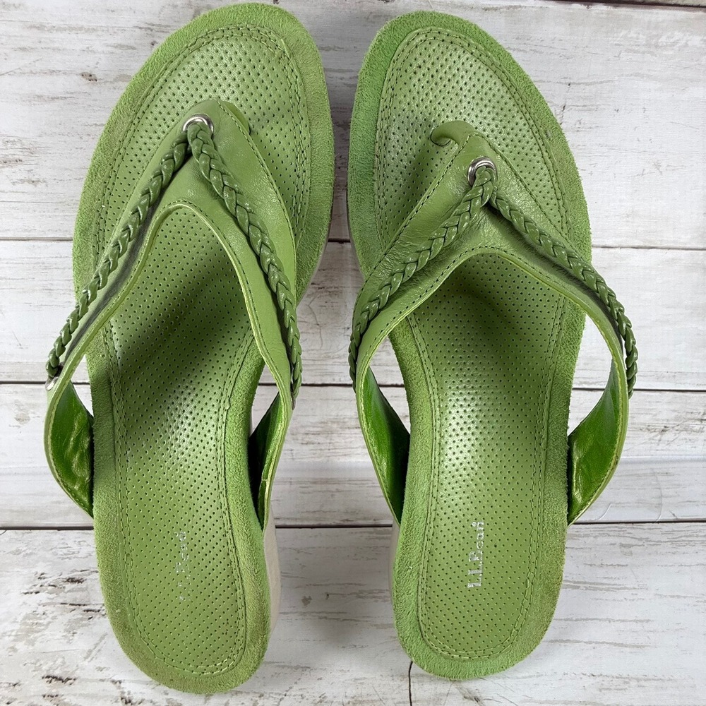 LL‎ Bean Womens Green Leather Braided Thong Sandals Flip Flops Size 6